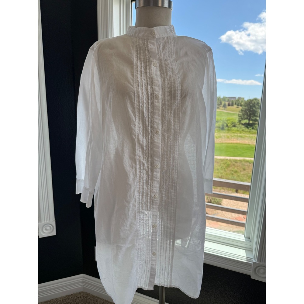 Lands End Womens XL White Cotton Pintuck Tunic Boyfriend Shirt Beach Cover Boho